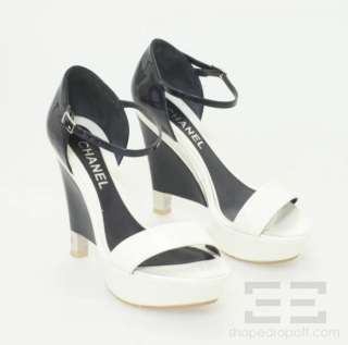 Chanel White & Navy Patent Leather Monogram Wedge Heel Sandals 06C 