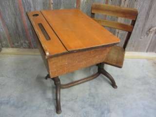 Vintage Iron & Wooden School Desk & Chair > Antique Table Stand Old 