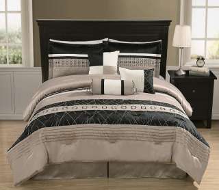   , Black 7Pc Embroidery Pleated Bedding Comforter Set King Size  
