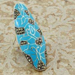 Silver, Marcasite and Turquoise Enamel Butterfly Long Ring (Thailand 