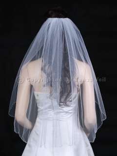 1T White Elbow Scalloped Beaded Edge Bridal Wedding Veil  