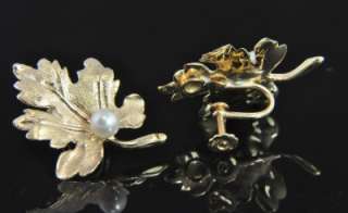 Estate Vtg 14K Gold Pearl Maple Leaf Clip On Earrings  