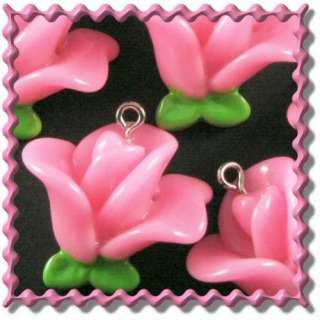5pcs Lucite Pink Rose Bud with Leaves Charms  