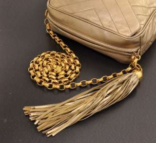 Authentic Chanel quilted Lamb leather Gold Shoulder bag chain fringe 