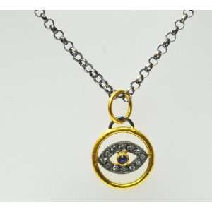  24kt Layerd Silver & Diamond Sapphire Evil Eye Necklace Jewelry