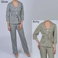 Analogy Womens Tonal Stripe Belted Pant Suit  
