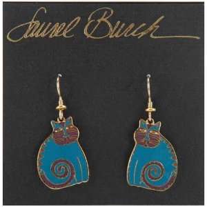  Laurel Burch Gold Drop Earrings   Mythical Cat/Blue Arts 