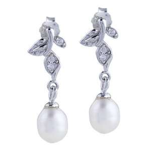 Sterling Silver Crystal Branch Dangle Pearl Earrings 