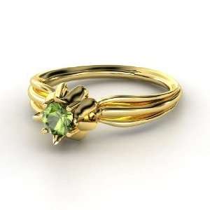 Flower Bud Ring, Round Green Tourmaline 14K Yellow Gold Ring
