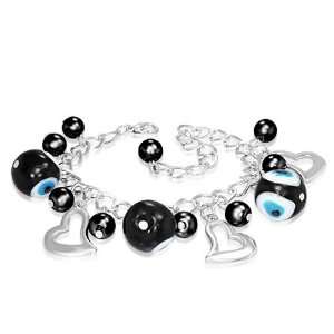 Black Evil Eye Marble Bead Balls Open Love Heart Charm Chain Bracelet 