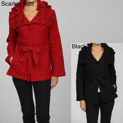Colour Works Womens Black Petal Collar Belted Wool Jacket  Overstock 