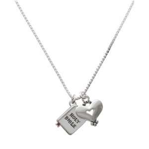  Silver Bible with Cross and Silver Heart Charm Necklace 