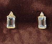Earrings 14k yellow gold emerald cut aqua diamond post  
