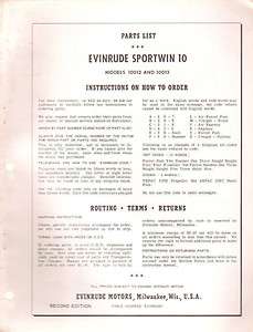 1956 Evinrude sportwin 10 HP 10012 10013 Outboard Parts Catalog Manual 