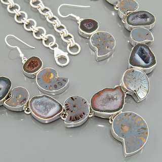 Fossil Coconut Moroccan Ammonite 925Sterling Silver Necklace Set Size 