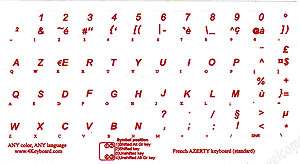 FRENCH AZERTY STICKERS KEYBOARD TRANSPARENT RED LETTERS  