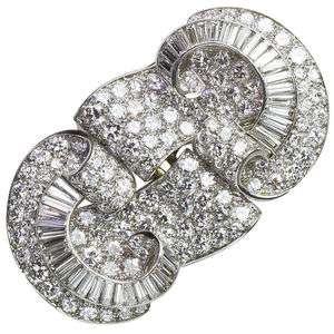 FRENCH Deco Platinum 18.0cts Diamond Double Clip Brooch  