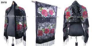 ROSE Floral Swirls Burnout Silk Velvet Shawl Wrap Scarf Vintage Style 