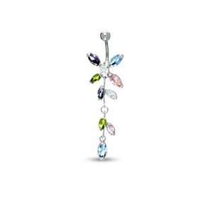 014 Gauge Floral Belly Button Ring with Multi Colored Cubic Zirconia 