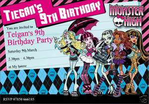 MONSTER HIGH Personalised party invitations x 12  