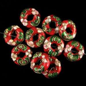    15mm cloisonne enamel flower donut beads red 10pcs