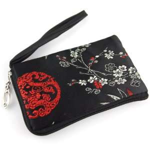 Satin Padded Mobile Cell Phone Pouch   Oriental Brocade Bamboo Cherry 