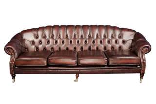 Antique Style English Chesterfield Leather Four Seat Sofa Couch  