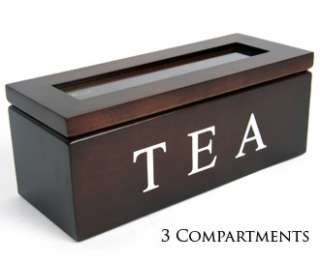 TEA BOX Wooden Storage 3 Compartment Glass Lid Holds 30 Teabags NEW 