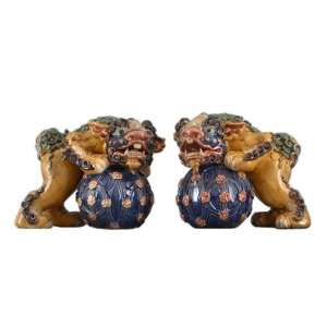  Majolica Pattern Pair Of Foo Dog with Blue Ball Statue 