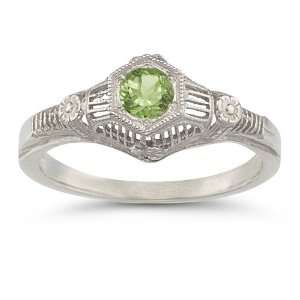  Vintage Floral Peridot Ring in 14K White Gold Jewelry
