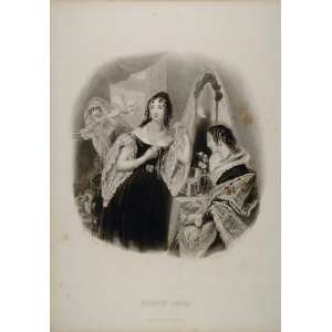  1838 Victorian Women Dress Yellow Rose Dove Engraving 