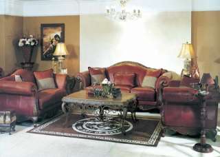 2Pc Traditional Burgundy Genuine Leather Solid Wood Sofa Loveseat 