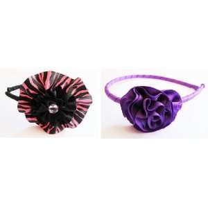   Pink & Black Woven / Purple Grosgrain Carnation Little Girl Headband