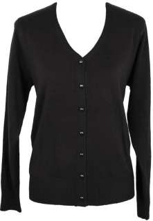 Solid V Neck Cardigan Sweater w/ Pearl Buttons BLACK  