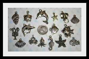   Silver Sea Life 16pc Charm Lot seahorse shells shark crab fish octopus