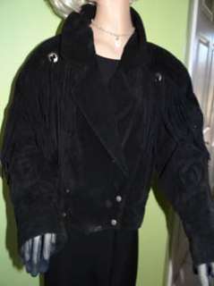   Black Suede Leather Fringe Jacket Coat with Silver Western Trim  