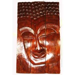    Wood carved Buddha Face 3 Panel Wall Hanging