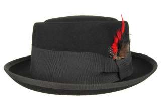 PORK PIE Flat Top FEDORA Feather Hat Black  