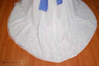 White Beaded Organza w/ Blue Sash Wedding Dress 4  
