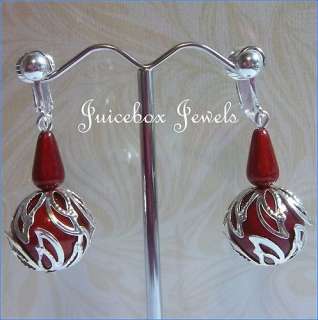CLIP ON Red/Silvertone Miracle Beads 1 Long Drop Dangle Earrings(C363 