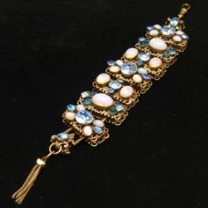 Opal & Blue Glass Watch Fob Bracelet Tassel Vintage Germany  