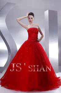 JSSHAN Red Beaded Formal Party Ball Long Prom Gown Princess Bridal 