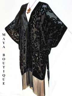 Caftan Kimono Duster Burnout Velvet Art Nouveau Black  
