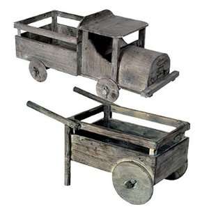  Wood Wheel Barrow & Old Truck Planter Set II: Patio, Lawn 