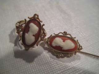 Vintage Avon Cameo Faux Seed Pearl Ring & Stick Pin Gold Tone  