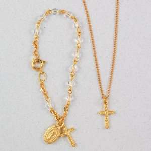  Gold Crystal Baby Bracelet & Crucifix Pendant Set, Boxed 