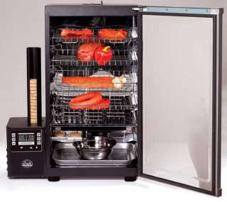 The smoker includes 4 adjustable racks, a rectangular tray, and a drip 