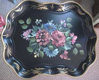   & FLORAL Chippendale SIGNED Vintage TOLE Tray w HP PINK ROSES  