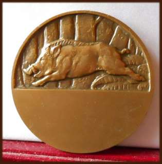 FRENCH ART DECO BRONZE MEDAL HUNTING WILD BOAR  