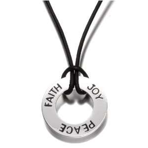   Silver Faith Joy Peace Open Circle Pendant on Black Cord Necklace